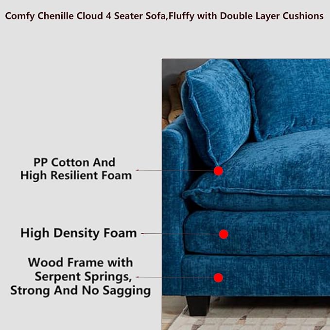 Aoowow Modular Sectional 4 Seater Cloud Sofa Couch for Living Room,149.6" Cloud Sofas with Deep Seat,Modern Chenille 4 Seat Sofas,Fluffy Cloud Couches for Bedroom,Office,Hotel (Blue, 4 Seater)
