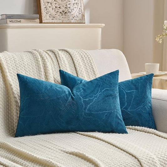 FUTEI Navy Blue Velvet Throw Pillow Covers 12x20 Inch Set of 2,Soft Embossed Leaf-Relief Textured Lumbar Pillow Cases,Natural Home Decor for Couch Living Room