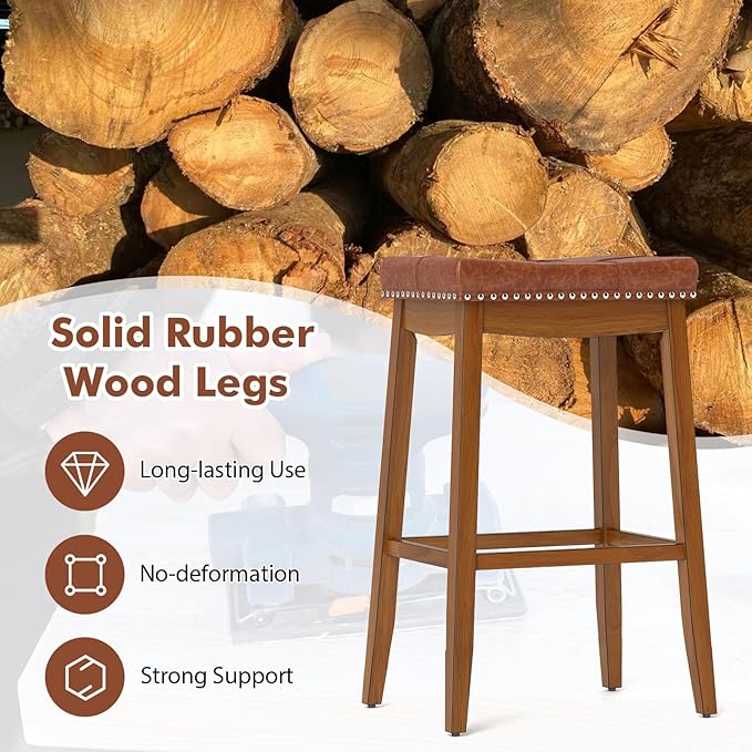 COSTWAY Saddle Bar Stools Set of 4, 29-Inch Bar Height Barstools w/PU Leather Seat, Solid Rubber Wood Frame, Footrest, Mid-Century Backless Bar Stools for Kitchen Island Home Bar