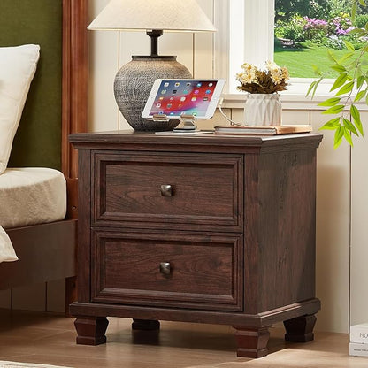 Farmhouse Nightstand with Charging Station, Rustic Low Night Stand with 2 Drawers, Mid-Century Modern End Table with 4 Square Solid Wood Legs, Small Dresser for Bedroom, Home, Walnut