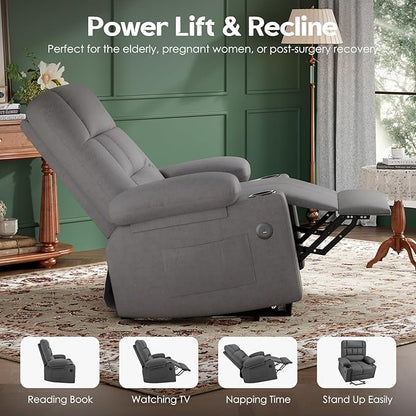 Soohow Oversized Power Lift Recliner Chair with Massage and Heat for Elderly Big and Tall, Large Fabric Recliner Wide Electric Recliner Chair with USB Ports, Cup Holders, Side Pockets
