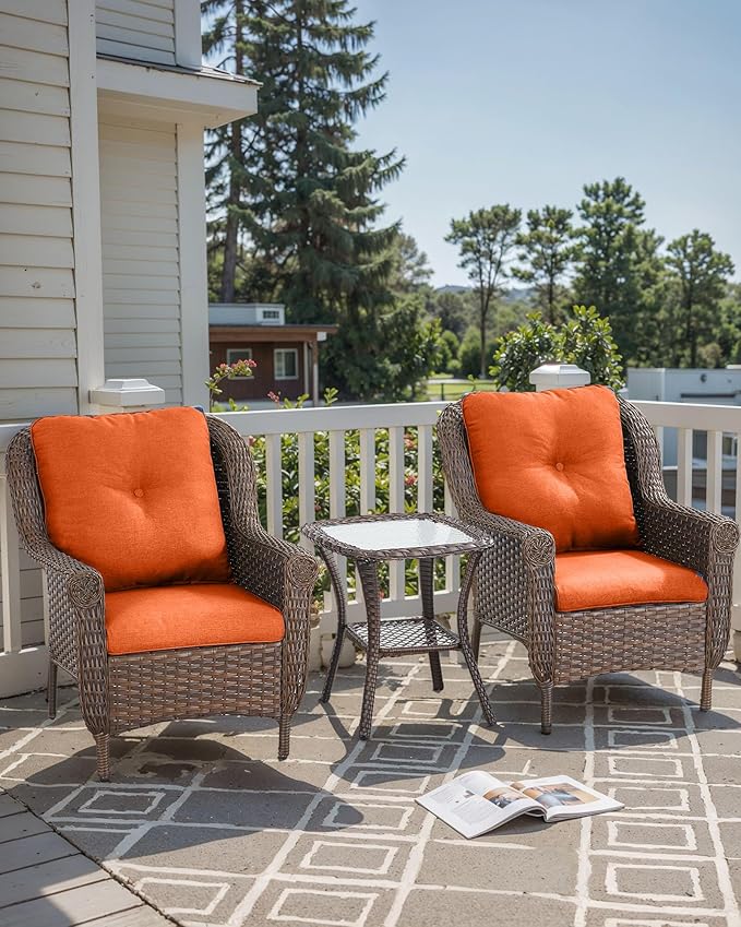 Patio Wicker Chairs Outdoor Furniture Chair - Set of 2 Outside All Weather Lawn Dining Brown Rattan Armchair with High Back&Deep Seating for Deck Porch Balcony Backyard Garden - Orange