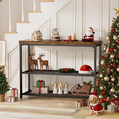 47" Console Table with Storage, 3-Tier Narrow Entryway Table, Sofa Table with Mesh Shelves, Console Tables for Living Room, Bedroom, Hallway, Entryway, Foyer, Rustic Brown
