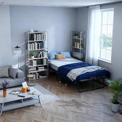 Pataku Folding Bed with Mattress, Twin Foldable Bed, Roll Away Beds for Adults, 75" x 38" Roll Away Portable Beds with 5" Mattress, Folded Frame for Small Apartment, Guest Room