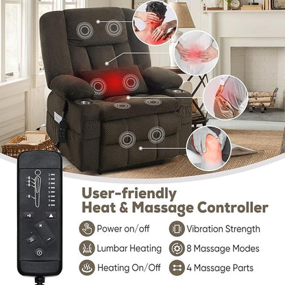 ABCASA Oversized Dual Motor Lay Flat Power Lift Recliner Chair, Massage Recliner with Heat for Living Room, Lumbar Pillow, USB & Type-C Ports, Oversized Recliner for Elderly & Big People - Brown