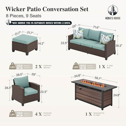 HERA'S HOUSE Patio Furniture Set with Fire Pit Table, Outdoor Wicker Furniture, All Weather Deep Seating Conversation Sofa Set, Brown Rattan Chairs for Deck Backyard, Blue