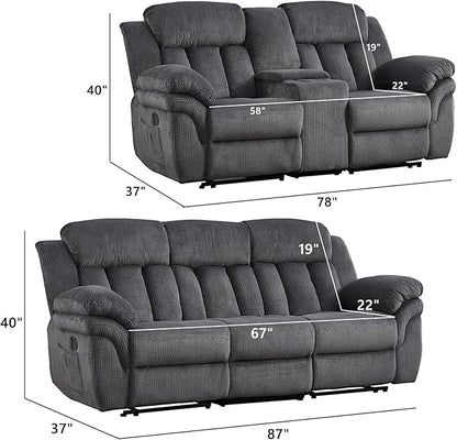 CANMOV Recliner Sofa Set, Manual Recliner Loveseat and 3-Seat Sofa with Overstuffed Armrest for Living Room,Bedroom Furniture,Office,2+3 Seat Grey