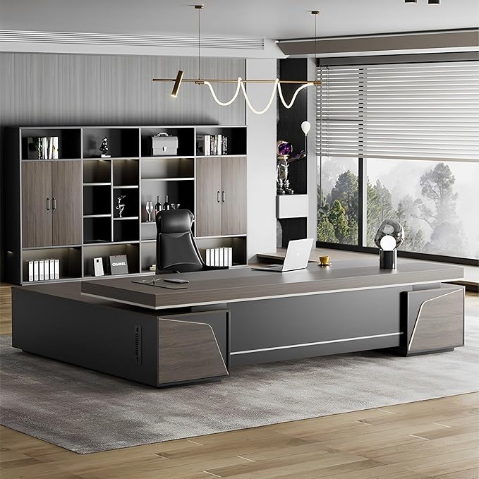 Modern Large Desk, Modern L-shaped Desk With Side Cabinets, Executive Desk With Combination Lock Drawer, Business Furniture Desk With Simple Cable Management (chair Not Included)(63x29.5x118inch)