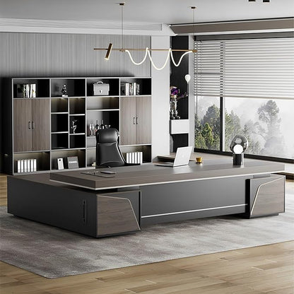 Modern Large Desk, Modern L-shaped Desk With Side Cabinets, Executive Desk With Combination Lock Drawer, Business Furniture Desk With Simple Cable Management (chair Not Included)(63x29.5x110inch)
