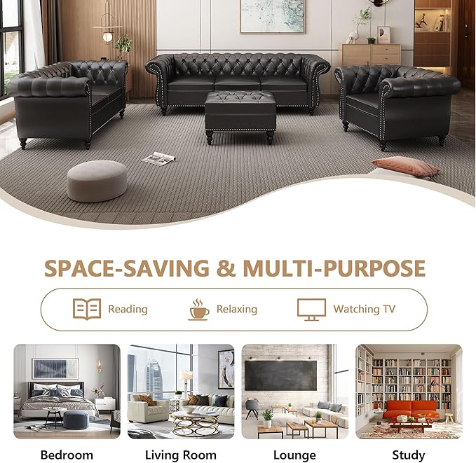 Chesterfield Loveseat Sofa, Modern Leather Small Sofa Couch 2 Seater with Rolled Arms and Nailhead, Mid Century Modern Loveseat Couch for Small Spaces Living Room Bedroom Apartment, Black