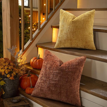 decorUhome Fall Rust Chenille Throw Pillow Covers 16x16 Set of 2 Thick Textured Slubby Couch Pillow Covers Farmhouse Accent Modern Neutral Decorative Pillow Cases for Bed Sofa Living Room