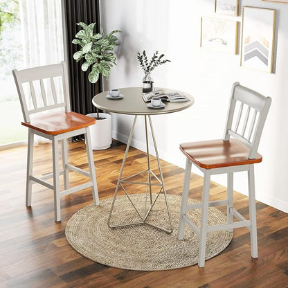 COSTWAY Bar Stools Set of 2, 24.5 Inch Rubber Wood Bar Chairs with 360°Swiveling, Footrest, Swivel Counter Height Barstools Ideal for Kitchen Island, Counter, Pub or Bar (2, White)