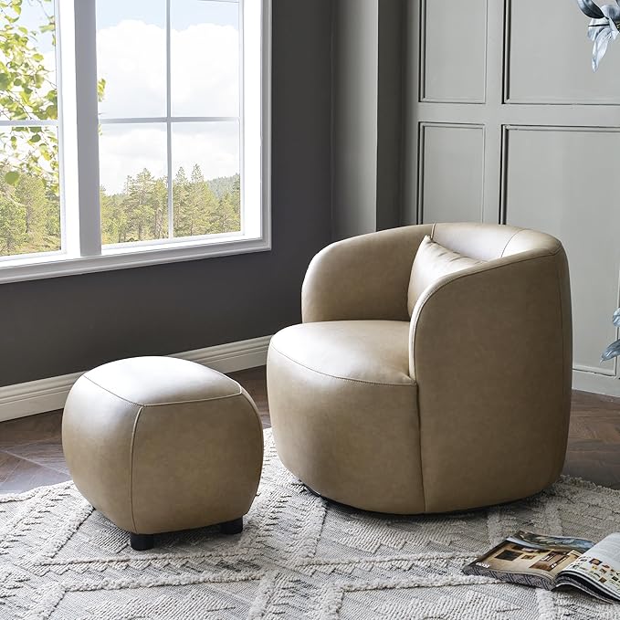 KINWELL 23" Wide Faux Leather Upholstered Ottoman, Mid-Century Modern Living Room Footrest with Soft Padded Seat, Footstool for Bedroom, Entryway or Living Room, Khaki