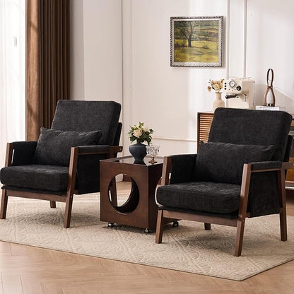 Accent Chair Mid-Century Modern with Lumbar Support Pillow, Upholstered Living Room Chairs with Wooden, Chenille Armchair with Cushion, Anthropologie Side Chair for Bedroom, Black