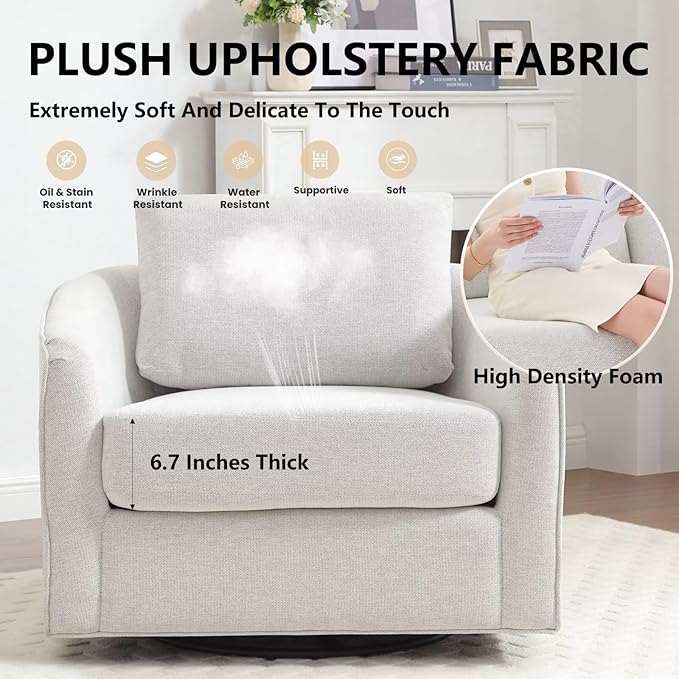 MINCETA Oversized Accent Chair for Living Room, 360° Swivel Barrel Chair with High Density Foam, Modern Reading Chair with Performance Fabric Upholstered Armchair for Apartment, Bedroom White