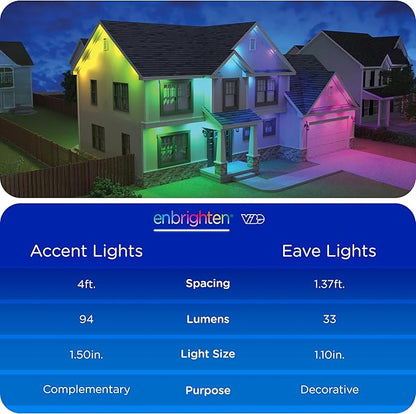Enbrighten Vibe Eternity Accent Permanent Outdoor Lights for House, 50ft, 12 RGBWIC LEDs, Wide Spacing, 94lm, Tunable White, Everyday Eave Lighting, Smart App, Works with Alexa, Google Home, 85709
