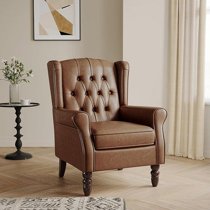 Lumibee High Back Accent Chair,Upholstered Faux Leather Wingback Armchair with Solid Wood Legs for Small Spaces,Comfy Single Sofa Chair for Living Room,Bedroom,Office-Brown