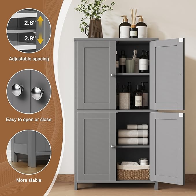 Nuturelly Bathroom Floor Storage Cabinet, Bathroom Organizers and Storage with Top Board & Metal Handles for Kitchen, Grey