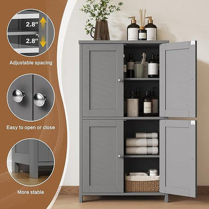 Nuturelly Bathroom Floor Storage Cabinet, Bathroom Organizers and Storage with Top Board & Metal Handles for Kitchen, Grey