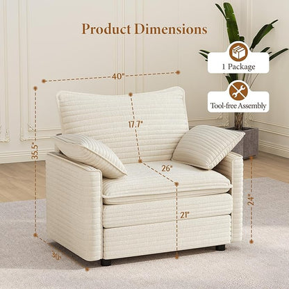 Vesgantti 40" Single Seat Sofa, Comfy Cloud Couch Deep Seat Upholstered Couch Corduroy Modern Sofa with Armrest Pillow, Easy Assembly for Living Room, Bedroom and Apartment, Beige