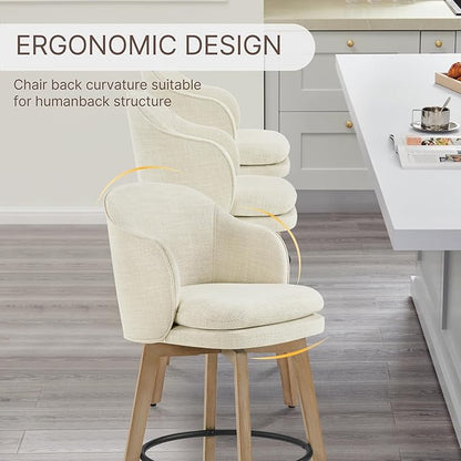 Counter Height Barstools 26 inch Upholstered Swivel Bar Stools with Back and Wood Legs for Kitchen Island,Set of 1,Linen Fabric