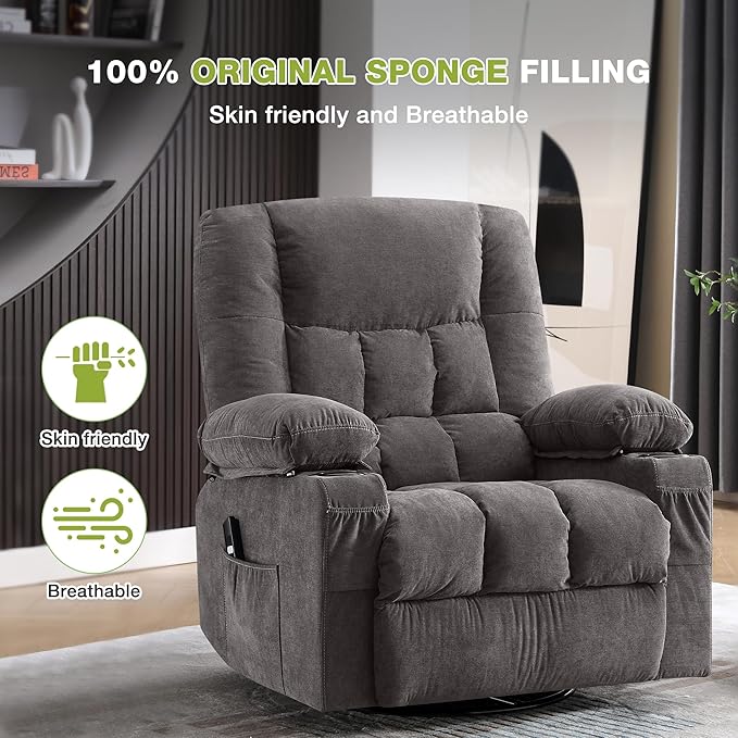 Power Recliner Chair with Rocking Function for Adults,Oversized Swivel Recliner with 2 Cup Holders,Side Pocket for Living Room