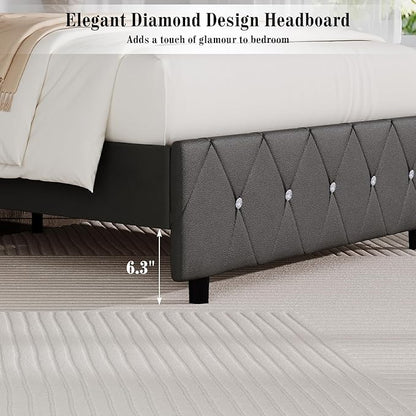 BarnFurin King Bed Frame with Diamond Tufted Headboard, Faux Leather Upholstered Bed with Wooden Slats Support, No Box Spring Needed, Mattress Foundation, Easy Assembly, Gray