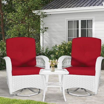 VIVIJASON 3-Piece Outdoor Conversation Bistro Set, Patio Swivel Glider Rocking Chairs Rattan Furniture Sets w/ 2 White Rattan Chairs, Glass Top Side Table for Porch Backyard, Red Cushions