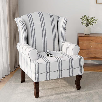Accent Chair Set of 2, High Back Upholstered Armchair with High Resilience Sponge & Wood Legs, Mid-Century Modern Comfy Single Sofa Reading Chairs for Living Room, Bedroom-Stripe Navy