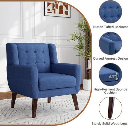 Accent Chairs Set of 2, Modern Fabric Armchairs for Living Room, Comfy Upholstered Arm Chairs Tufted for Indoor Bedroom Office Room (Blue)