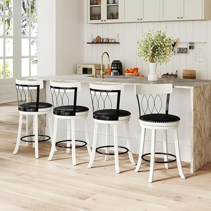 COSTWAY Bar Stools Set of 4, 26” Seat Height Swivel Barstools with Ergonomic Backrest, Soft Cushion & Footrest, Rubber Wood Counter Height Bar Chairs Upholstered Dining Chairs for Kitchen Island
