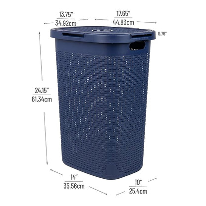 Mind Reader Slim Laundry Hamper with Lid, 60L Clothes Basket, Premium Wicker Design, Plastic, Navy