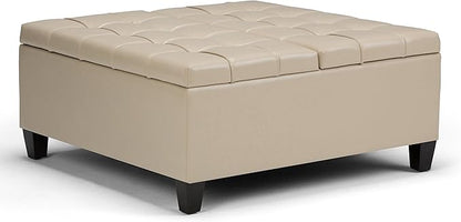 SIMPLIHOME Harrison Coffee Table Storage Ottoman - 36 inch Wide Upholstered Vegan Leather Square Lift-Top Ottoman in Satin Cream, Transitional Ottoman for Living Room with Hidden Storage