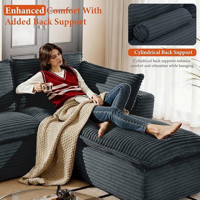 108" Sectional Couches for Living Room Boneless Couch Upholstered Cloud Couch Sectional Modular Sectional Sofa with L Shaped (Corduroy-Blue, 3 Seat+1 Ottoman)