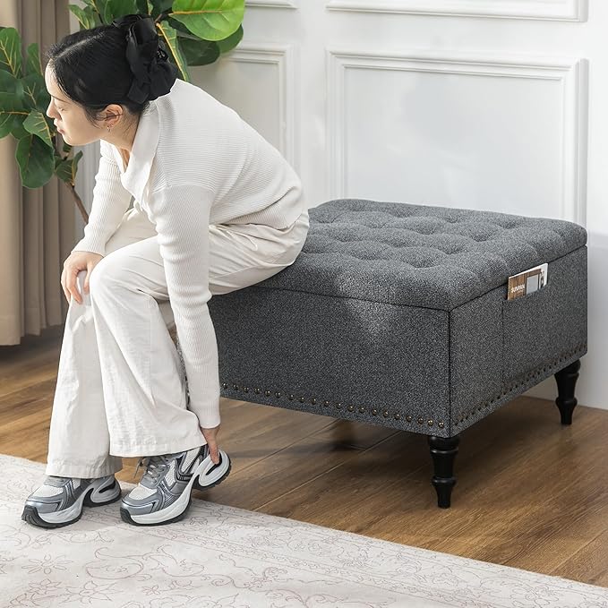 Square Ottoman with Storage Tufted Upholstered Storage Ottoman Square Coffee Table Ottomans with Legs 28’’ Large Fabric Footrest Ottomans Stool with Lift Top for Living Room Grey