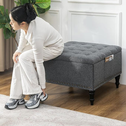 Square Ottoman with Storage Tufted Upholstered Storage Ottoman Square Coffee Table Ottomans with Legs 28’’ Large Fabric Footrest Ottomans Stool with Lift Top for Living Room Grey