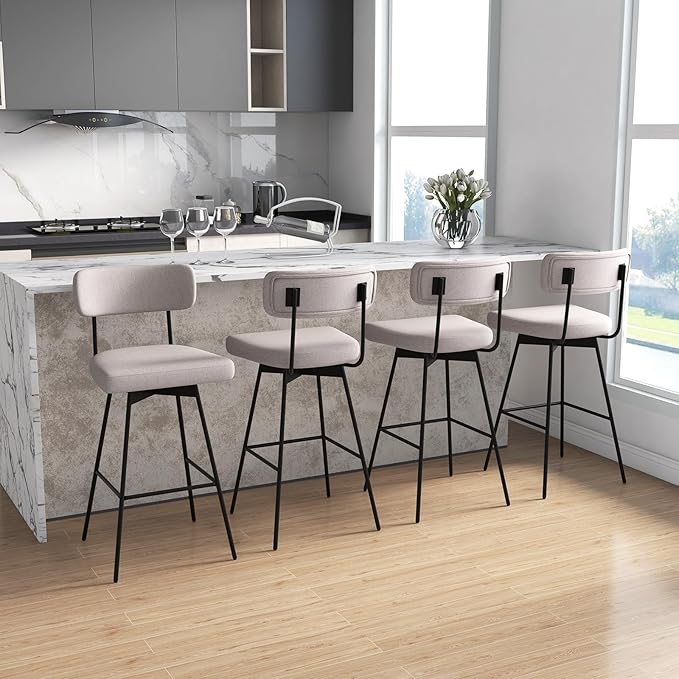 COSTWAY Bar Stools Set of 4, 29” Upholstered Bar Height Chairs with Back, 360° Swivel Bar Chairs with Heavy-Duty Metal Legs and Footrests, Fabric Seat for Kitchen Island, Dining Room, Bar (4, Beige)