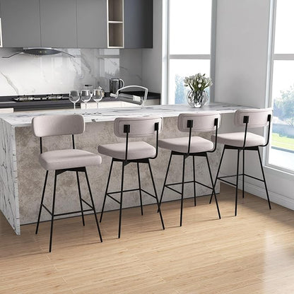 COSTWAY Bar Stools Set of 4, 29” Upholstered Bar Height Chairs with Back, 360° Swivel Bar Chairs with Heavy-Duty Metal Legs and Footrests, Fabric Seat for Kitchen Island, Dining Room, Bar (4, Beige)