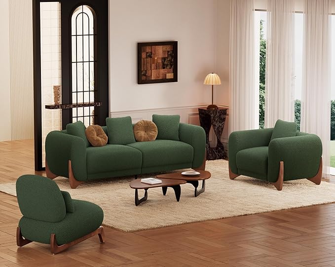 Morden Fort Modern Cloud Couch - 3 Seater Sherpa Boucle Sofa with Wood Legs, Ultra-Thick High Resilience Cushion with 3 Matching Pillows Upholstered Comfy Couch Sofa for Living Room - Forest Green