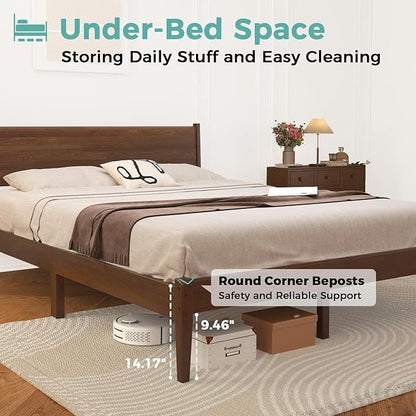 Full Size Bed with Headboard, Mid Century Malaysian Oak Bed, Wooden Platform Bed Frame with Storage, No Box Spring Needed, Easy Assembly, Full Size, Antique Espresso