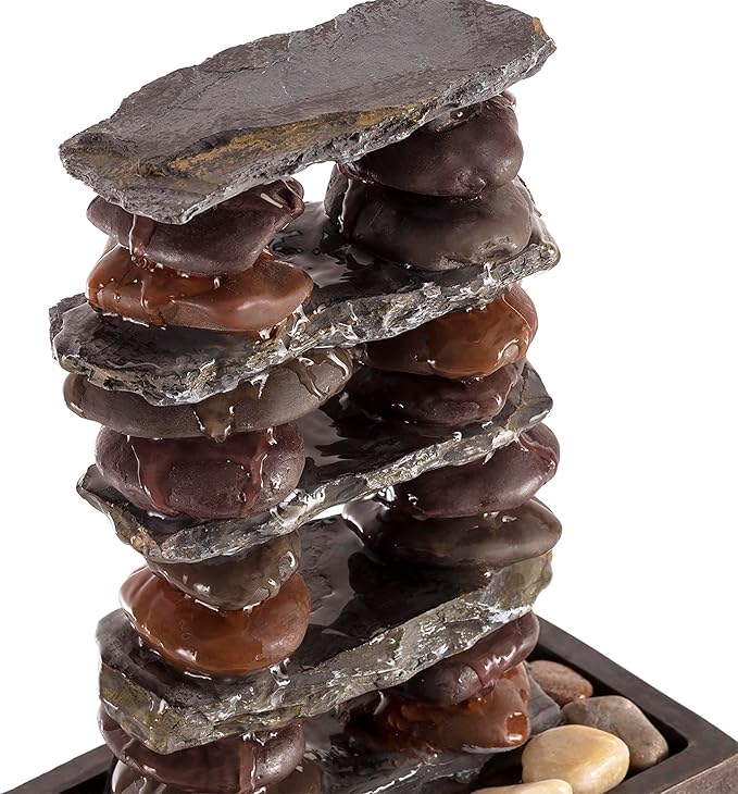 Alpine Corporation TT8002 Indoor/Outdoor Tabletop Stacked Rocks Eternity Fountain, Modern Rocks Tabletop Fountain 12", Brown
