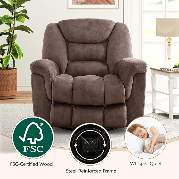 ANJ Rocker Recliner Chair Oversized Manual 360° Swivel Recliners Comfy Glider Rocking Chairs for Big Man Extra Wide Overstuffed Reclining Chair for Living Room, Camel