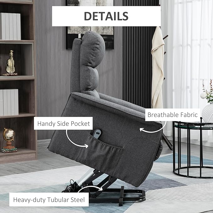 HOMCOM Power Lift Recliner Chair for Elderly, Easy Assembly, Fabric Lift Chair for Adults, Recliner Sofa with Remote Control, Side Pockets for Living Room, Gray
