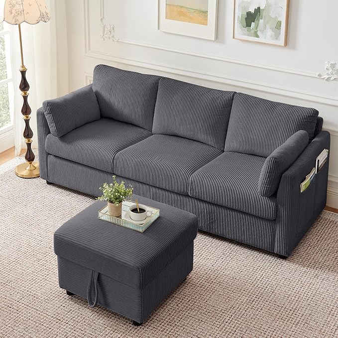 79" L Shaped Couch with Storage Ottoman, 3 Seater Corduroy Sofa with 2 Pillows and Storage Pockets, Small Modern Couches for Living Room, Apartment, Small Spaces, Home Office, Grey