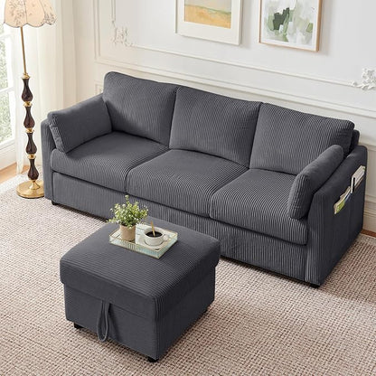 79" L Shaped Couch with Storage Ottoman, 3 Seater Corduroy Sofa with 2 Pillows and Storage Pockets, Small Modern Couches for Living Room, Apartment, Small Spaces, Home Office, Grey