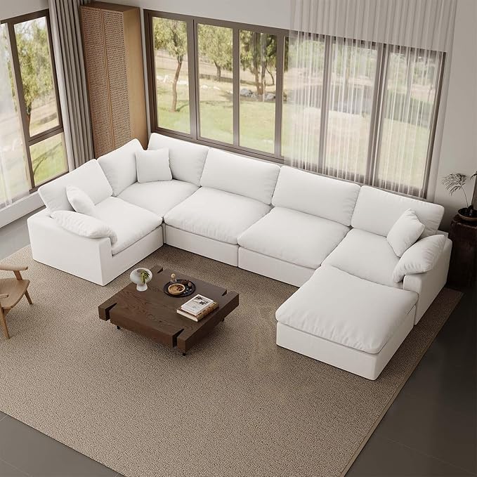 221.6" Oversized Cloud Modular Sectional Sofa,6 Seat Down Filled Sofa,Comfy Deep Seat Couch with Reversible Chaise & Cushions,Couch Cover Washable and Replaceable,White