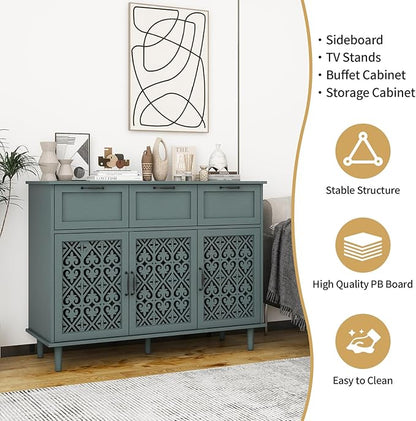 Sideboard Buffet Cabinet with Storage - Accent Storage Cabinet with Carved Pattern, Modern 3 Door 3 Drawer Cabinet, Farmhouse Wood Credenza for Living Room, Dining Room (Green)