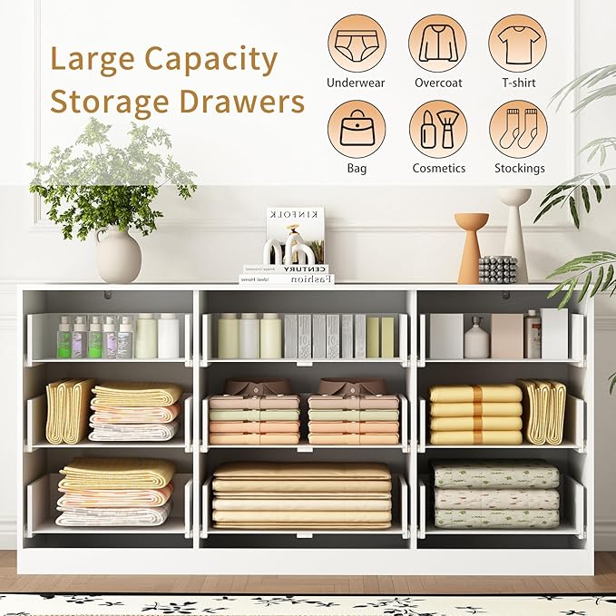 3-Piece Modern Bedroom Furniture Set, Wide 9-Drawer Dresser & 3-Drawer Nightstands Set of 2, Natural Wood Dresser and Nightstand Sets for Bedroom, Hallway, White