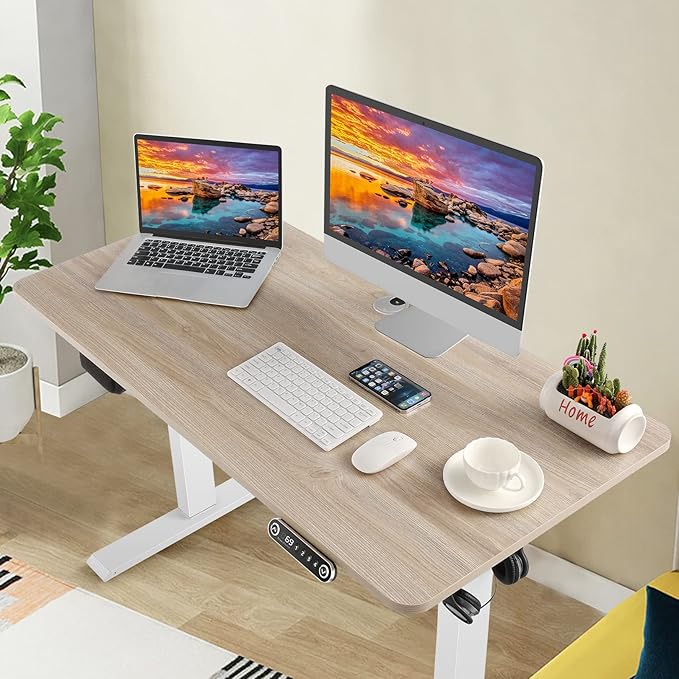farexon 48 x 24 inch Standing Desk Electric Adjustable Height with Charging Station, Stand up Desk with Ergonomic Workstation, 4 Preset Heights Easy to Set（Oak Grey