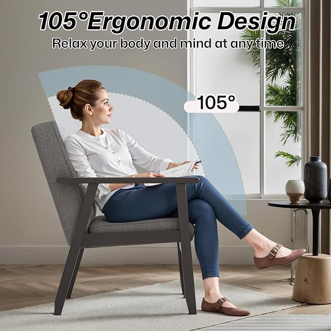 Modern Accent Chair with Arm Rest Set of 2, Upholstered Linen Fabric Leisure Chair Comfy Side Chair with Backrest Button and Wooden Frame for Living Room Bedroom Reading(Gray)